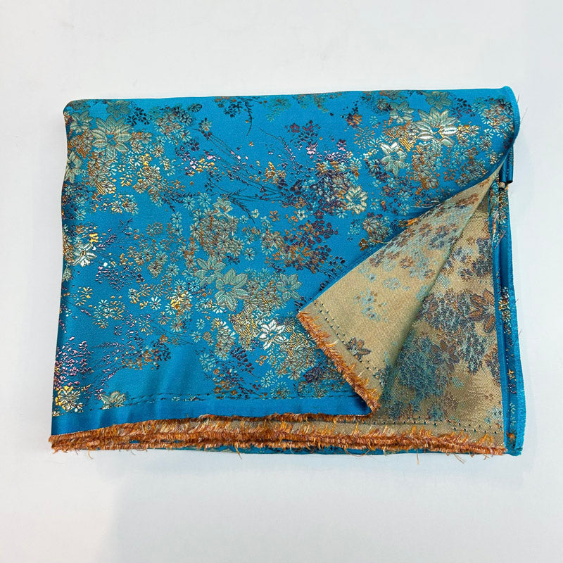 Chic Metallic Brocade Fabric - Elegant Blue Gold Jacquard Textile