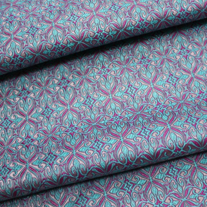 Teal Geometric Brocade - Metallic Damask Check Jacquard