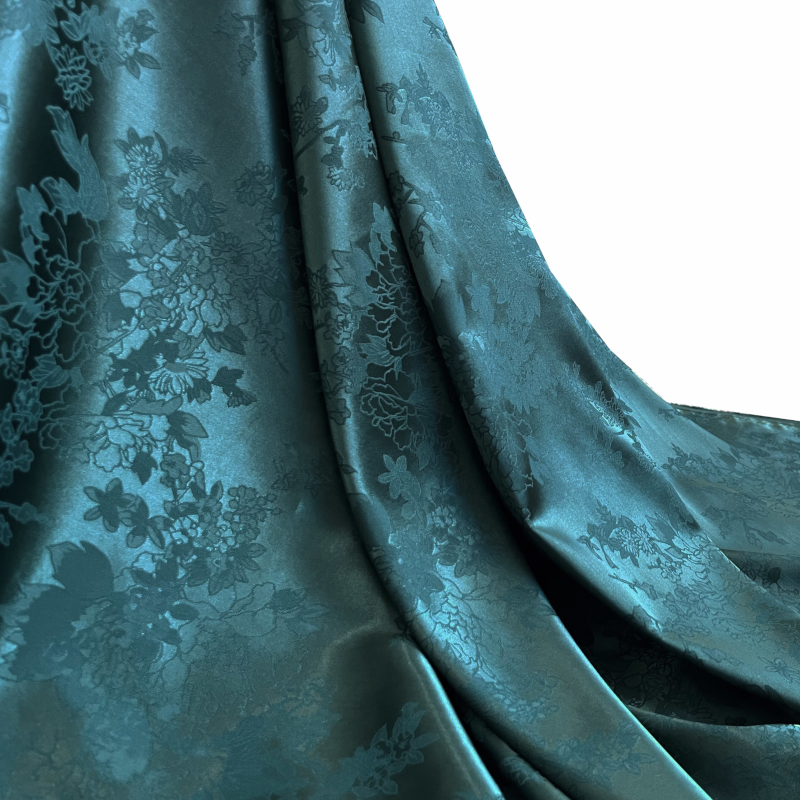 Teal Green Floral Jacquard Silky Satin