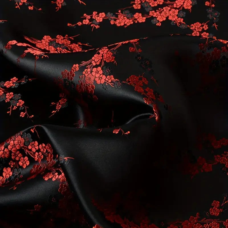 Red & Black Plum Blossom Satin Brocade, Premium Jacquard Material
