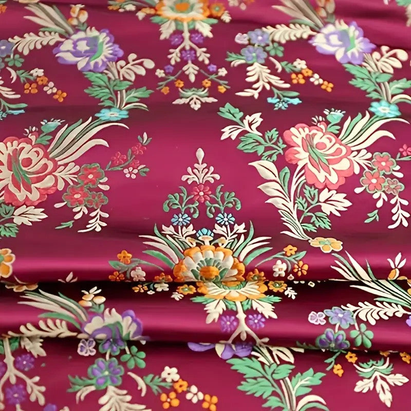 Burgundy Red Floral Brocade – Embroidered Metallic Jacquard Fabric