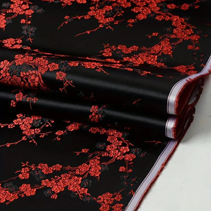 Red & Black Plum Blossom Satin Brocade, Premium Jacquard Material