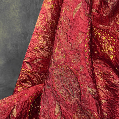 3D Damask Textured Brocade - Red Metallic Shiny Embossed Jacquard