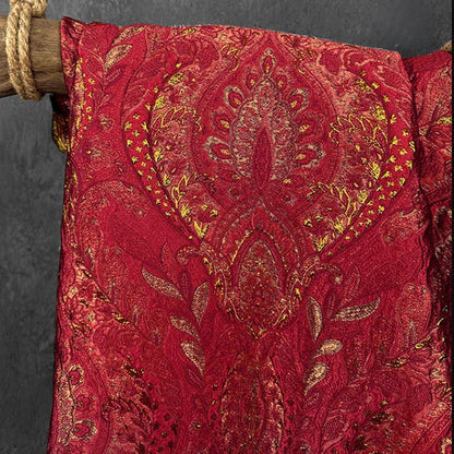 3D Damask Textured Brocade - Red Metallic Shiny Embossed Jacquard