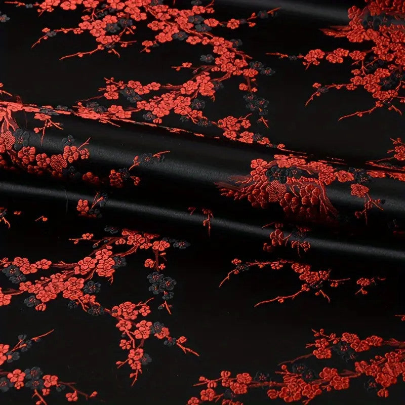 Red & Black Plum Blossom Satin Brocade, Premium Jacquard Material