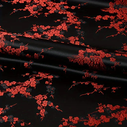 Red & Black Plum Blossom Satin Brocade, Premium Jacquard Material
