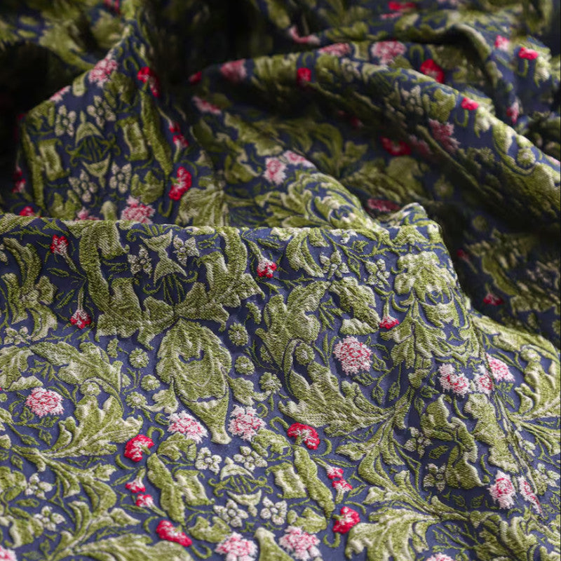 Vintage 3D Floral Jacquard - Green Vine Embossed Brocade Fabric
