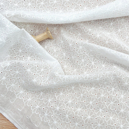 100% Cotton Embroidered Lace - White Floral Embroidery Voile Fabric