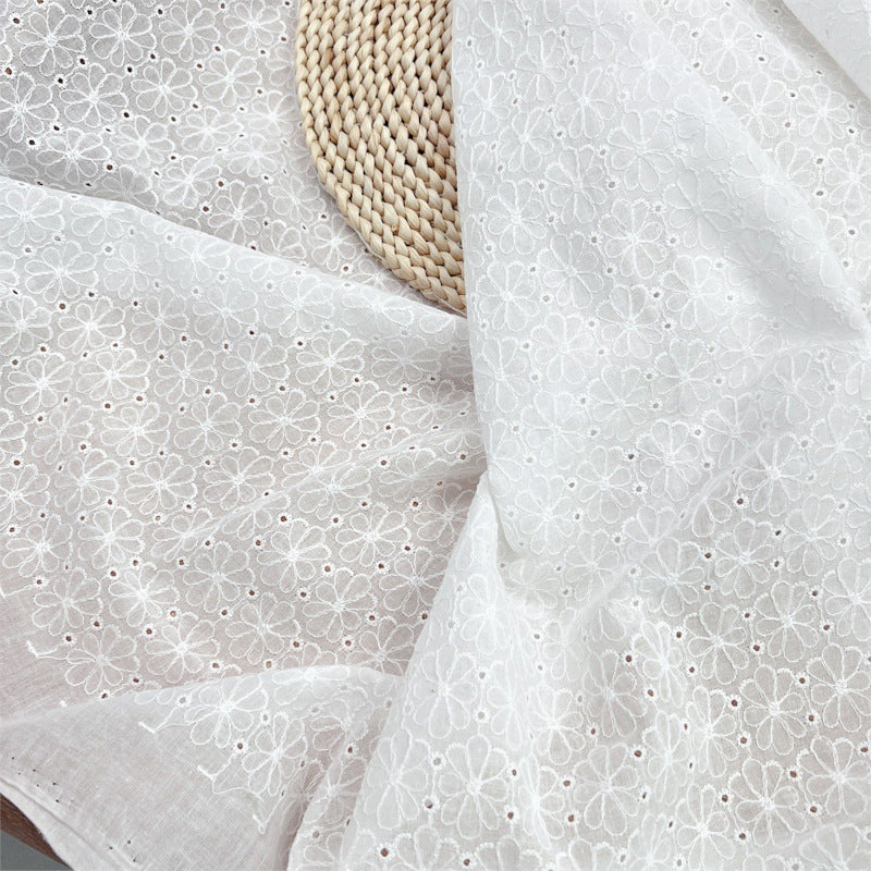 100% Cotton Embroidered Lace - White Floral Embroidery Voile Fabric