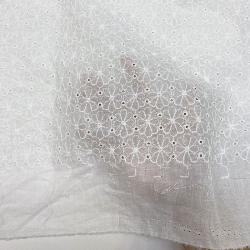 100% Cotton Embroidered Lace - White Floral Embroidery Voile Fabric