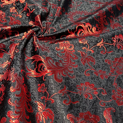 Black & Red Embroidered Brocade – Metallic Accent Jacquard Fabric