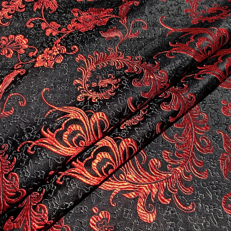 Black & Red Embroidered Brocade – Metallic Accent Jacquard Fabric