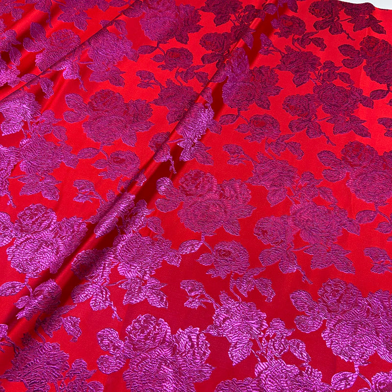Vibrant Red & Fuchsia Floral Brocade - Satin Jacquard Weave Textile