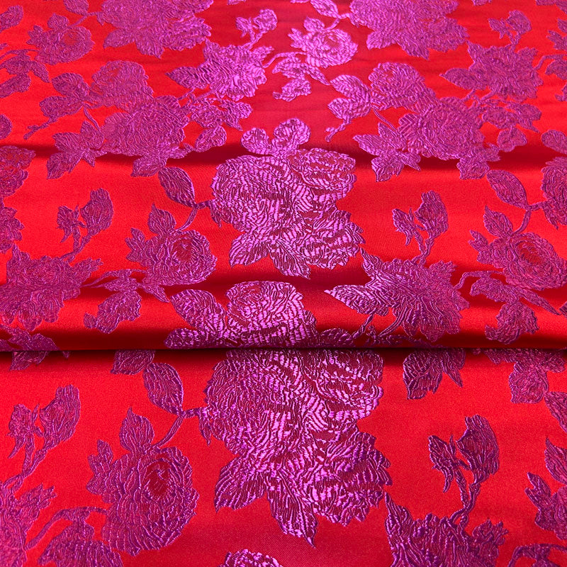 Vibrant Red & Fuchsia Floral Brocade - Satin Jacquard Weave Textile