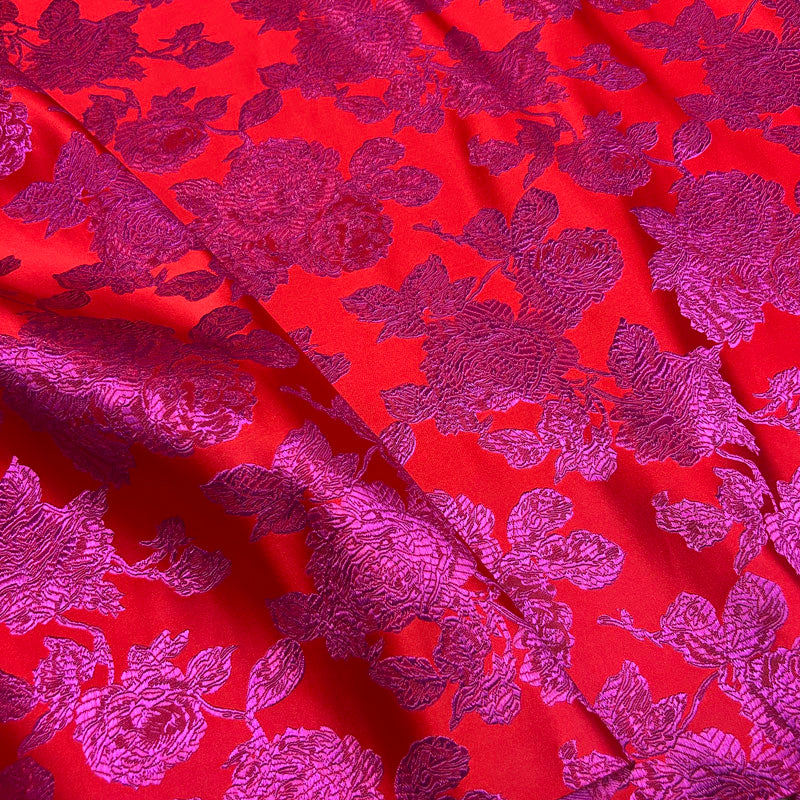 Vibrant Red & Fuchsia Floral Brocade - Satin Jacquard Weave Textile