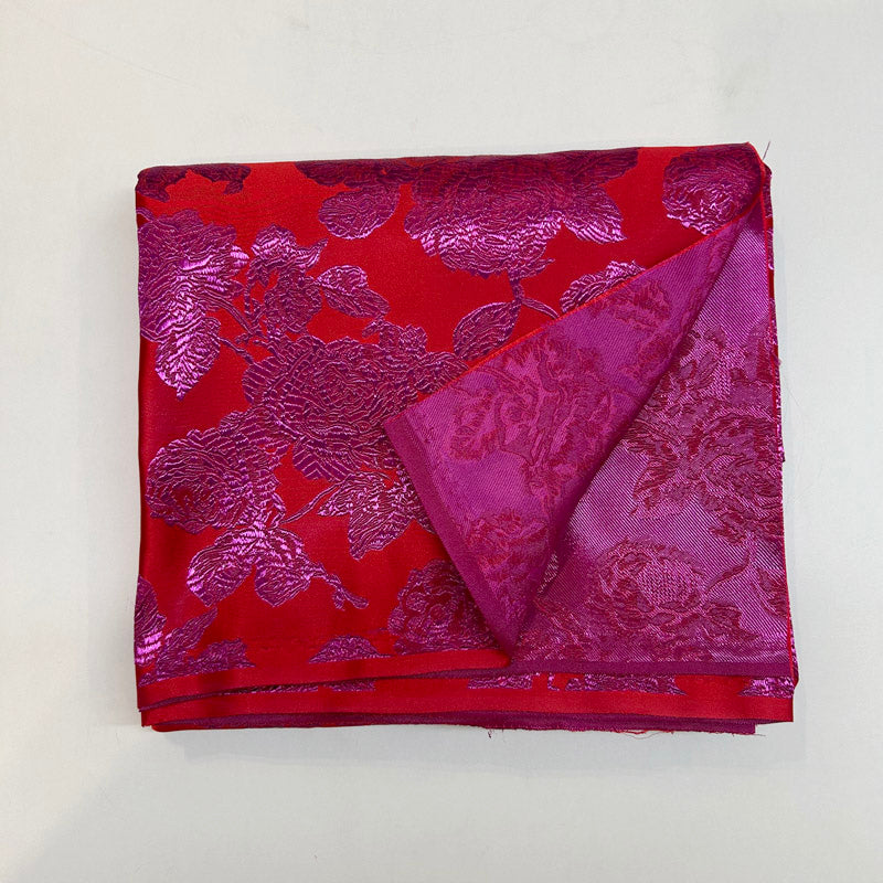 Vibrant Red & Fuchsia Floral Brocade - Satin Jacquard Weave Textile