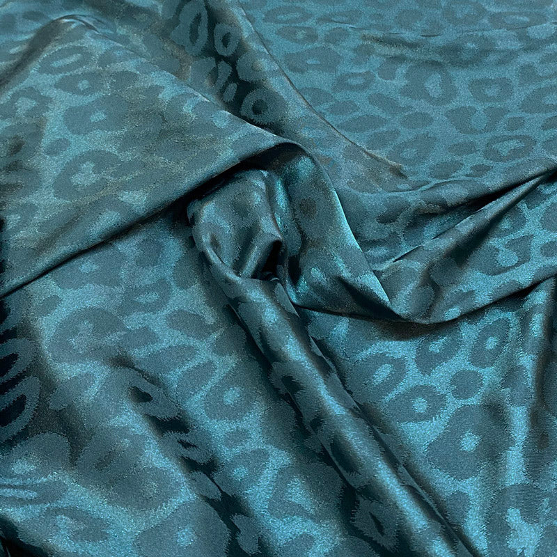Ultra-Smooth Teal Leopard Silky Satin - Glossy Jacquard Textile
