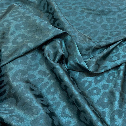 Ultra-Smooth Teal Leopard Silky Satin - Glossy Jacquard Textile