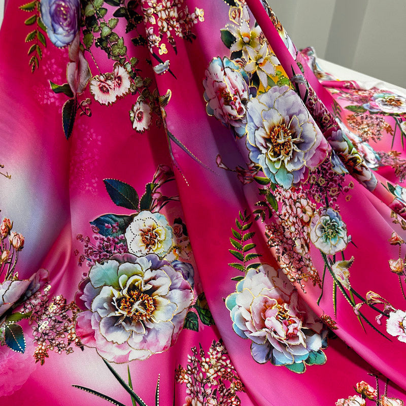 Peach Silky Satin with Gold Foil Floral Print – Lightweight Fabric