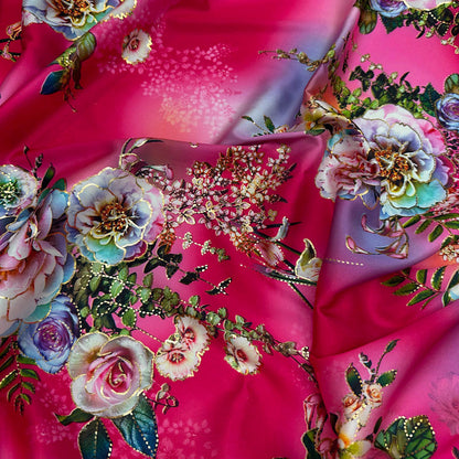 Peach Silky Satin with Gold Foil Floral Print – Lightweight Fabric