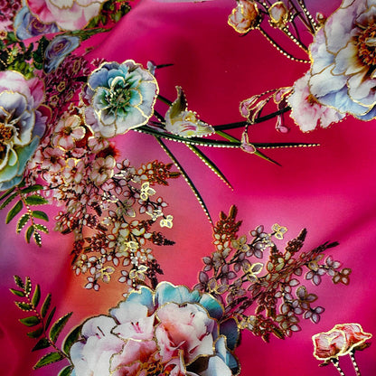 Peach Silky Satin with Gold Foil Floral Print – Lightweight Fabric
