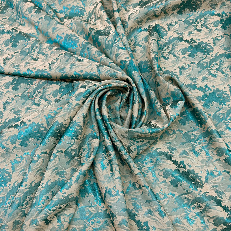 Abstract Wave Pattern Turquoise Blue Jacquard - Shiny Silky Satin