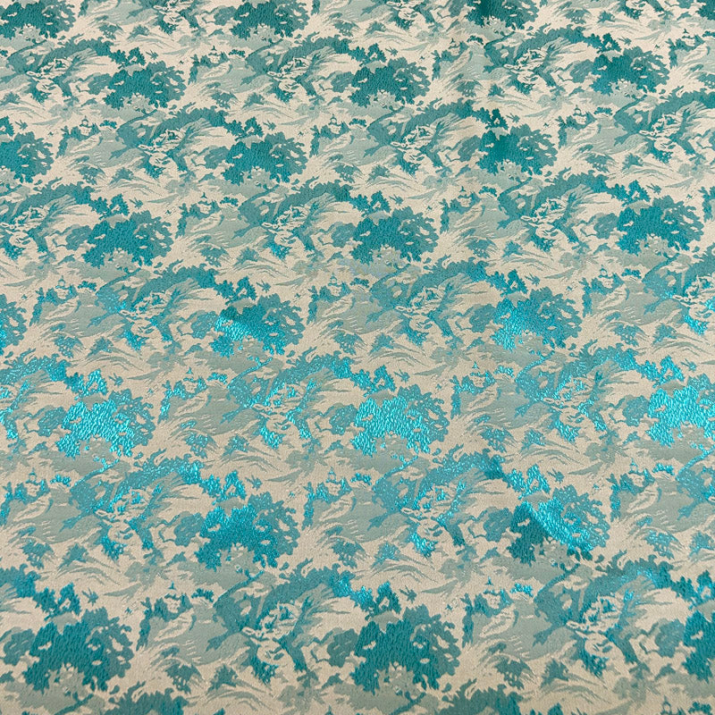 Abstract Wave Pattern Turquoise Blue Jacquard - Shiny Silky Satin