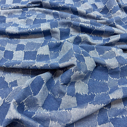 Stylish Blue Check Jacquard Denim - Durable Washed Cotton Jean Fabric