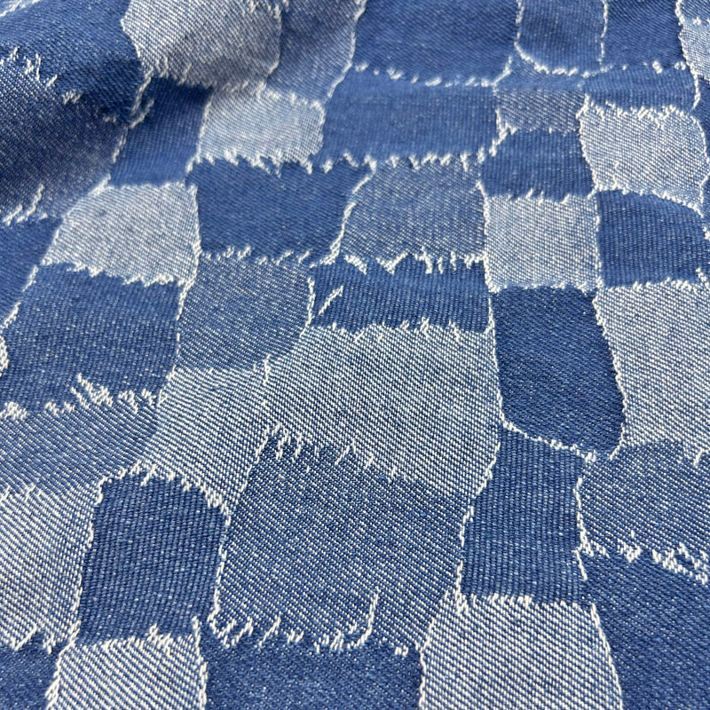 Stylish Blue Check Jacquard Denim - Durable Washed Cotton Jean Fabric