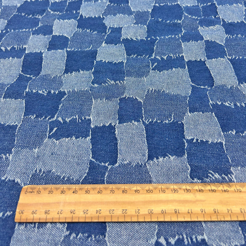 Stylish Blue Check Jacquard Denim - Durable Washed Cotton Jean Fabric