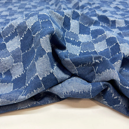 Stylish Blue Check Jacquard Denim - Durable Washed Cotton Jean Fabric