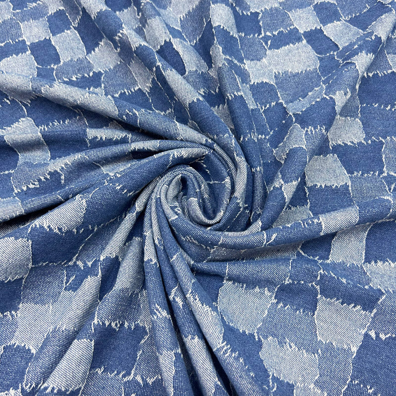 Stylish Blue Check Jacquard Denim - Durable Washed Cotton Jean Fabric