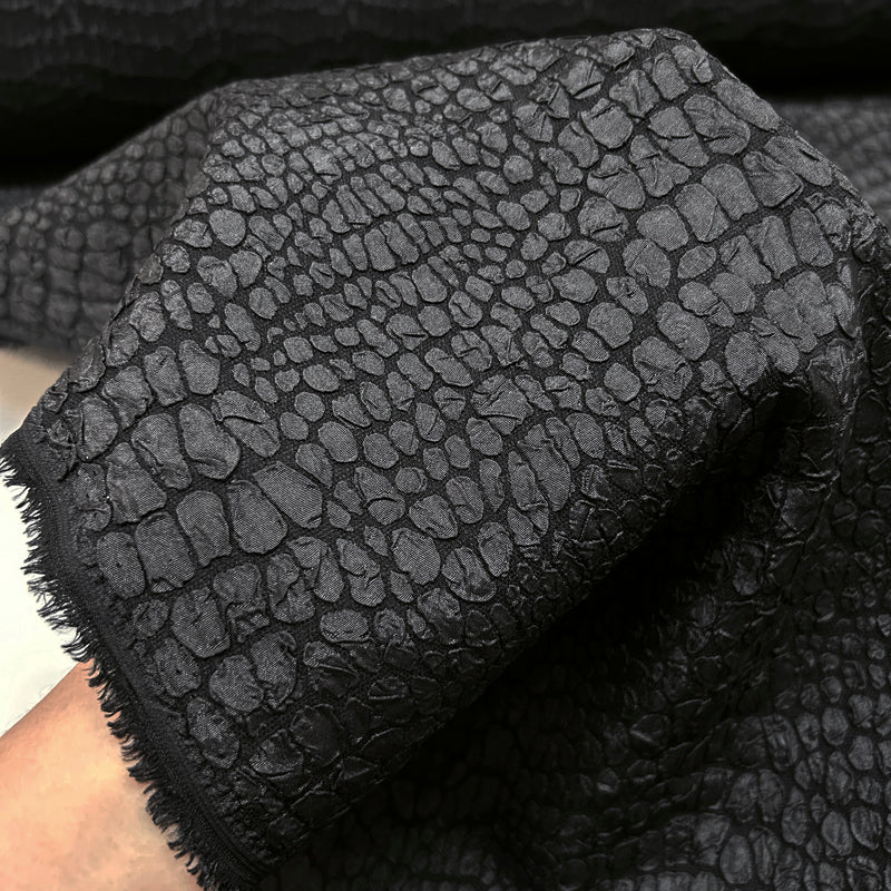 Black Embossed Brocade Fabric - Bubble Crinkle Snake Skin Textured