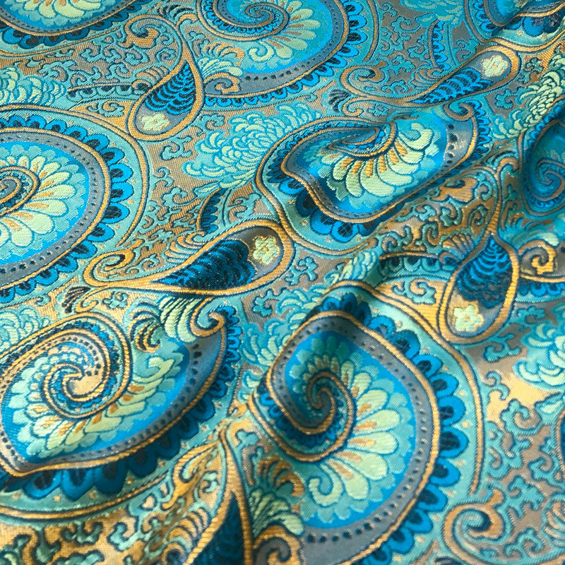 Luxury Blue Glossy Satin Brocade – Opulent Paisley Jacquard Fabric