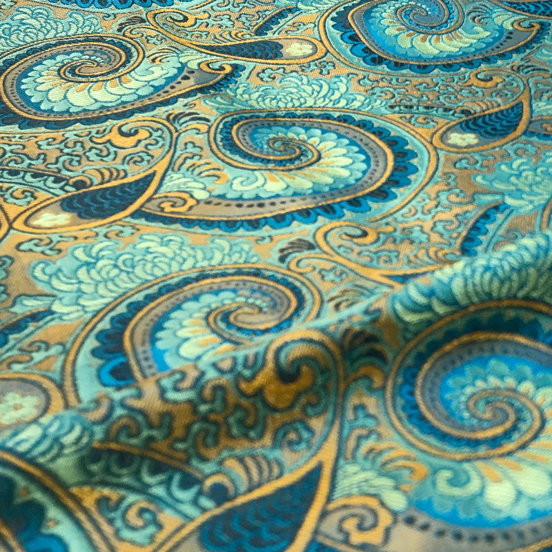 Luxury Blue Glossy Satin Brocade – Opulent Paisley Jacquard Fabric