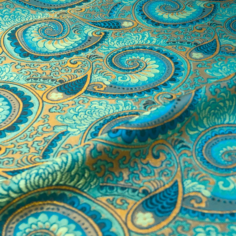 Luxury Blue Glossy Satin Brocade – Opulent Paisley Jacquard Fabric