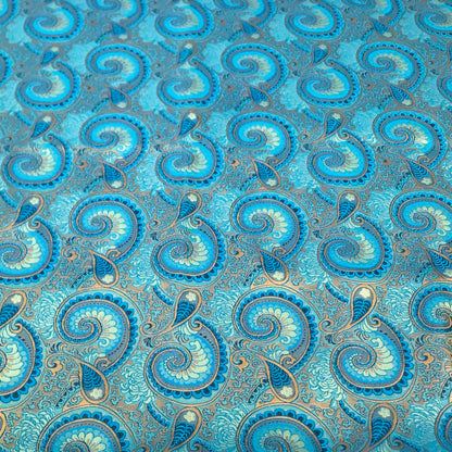 Luxury Blue Glossy Satin Brocade – Opulent Paisley Jacquard Fabric