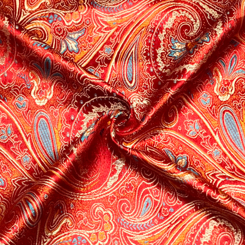 Classical Red Paisley Satin Brocade - Woven Jacquard Textile