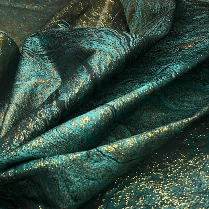 Glitter Green & Golden Jacquard Brocade – Sparkly Shiny Fabric for Clothing & Decor