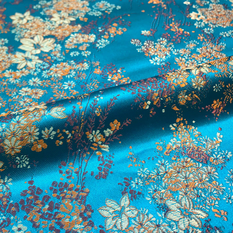 Chic Metallic Brocade Fabric - Elegant Blue Gold Jacquard Textile