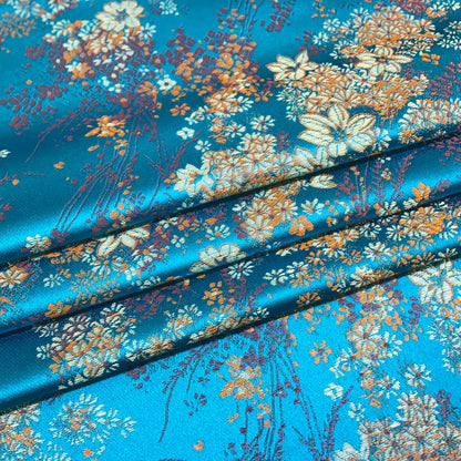Chic Metallic Brocade Fabric - Elegant Blue Gold Jacquard Textile