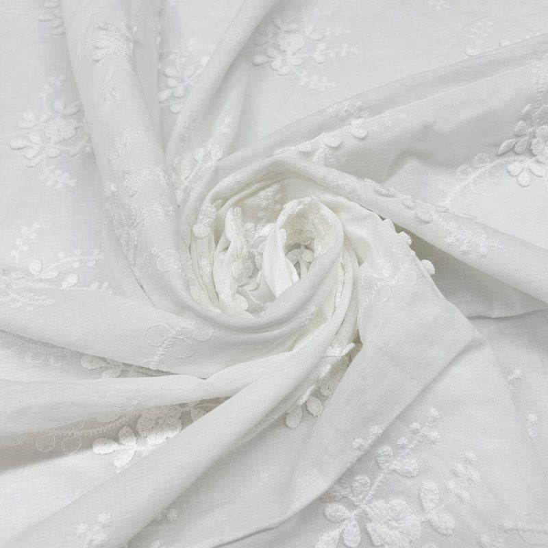 3D Floral Embroidery Cotton Fabric - Elegant White Raised Flower Lace