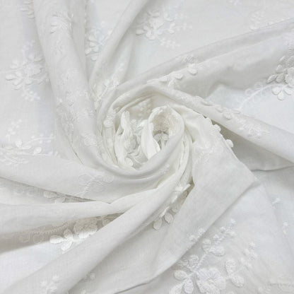 3D Floral Embroidery Cotton Fabric - Elegant White Raised Flower Lace