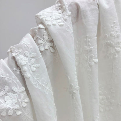 3D Floral Embroidery Cotton Fabric - Elegant White Raised Flower Lace