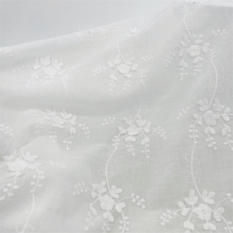 3D Floral Embroidery Cotton Fabric - Elegant White Raised Flower Lace