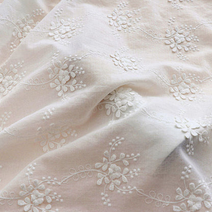 3D Floral Embroidery Cotton Fabric - Elegant White Raised Flower Lace