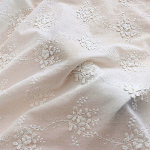 3D Floral Embroidery Cotton Fabric - Elegant White Raised Flower Lace