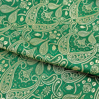Green & Gold Paisley Brocade - Metallic Shiny Embroidery Fabric