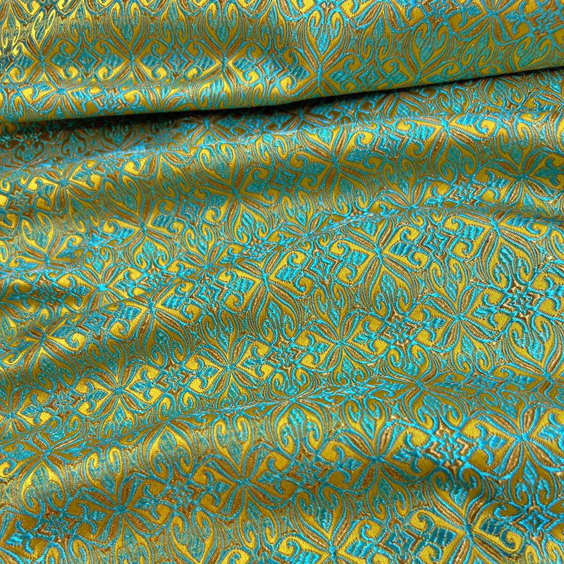 Green Geometric Jacquard Brocade - Intricate Woven Shimmer Textile