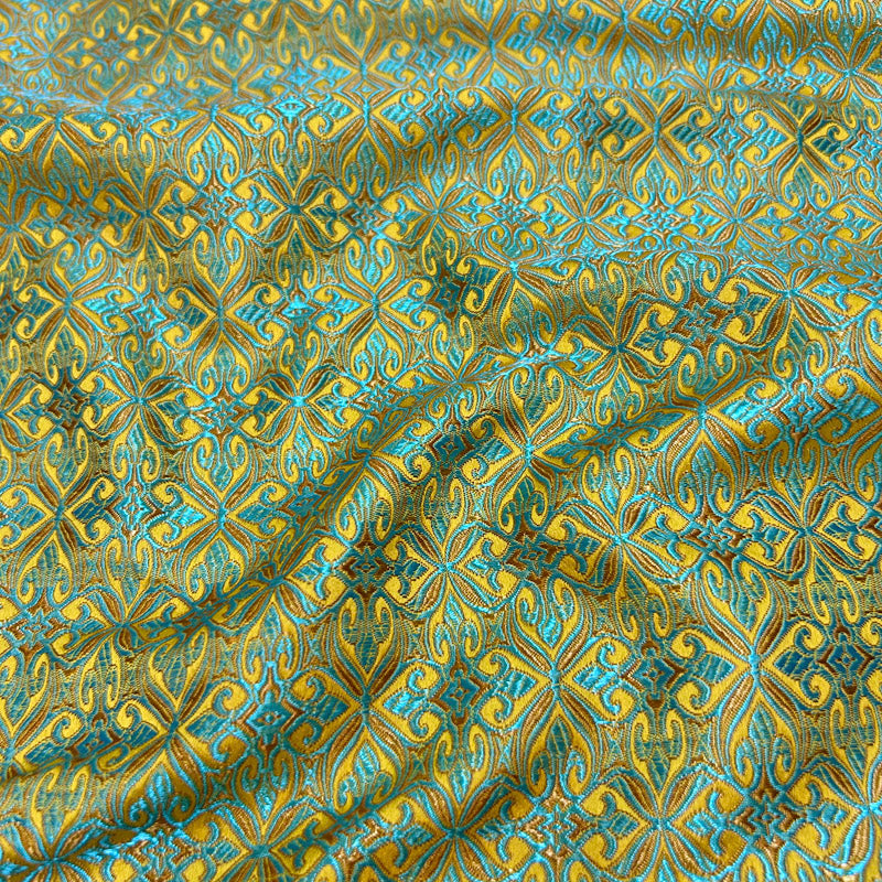 Green Geometric Jacquard Brocade - Intricate Woven Shimmer Textile